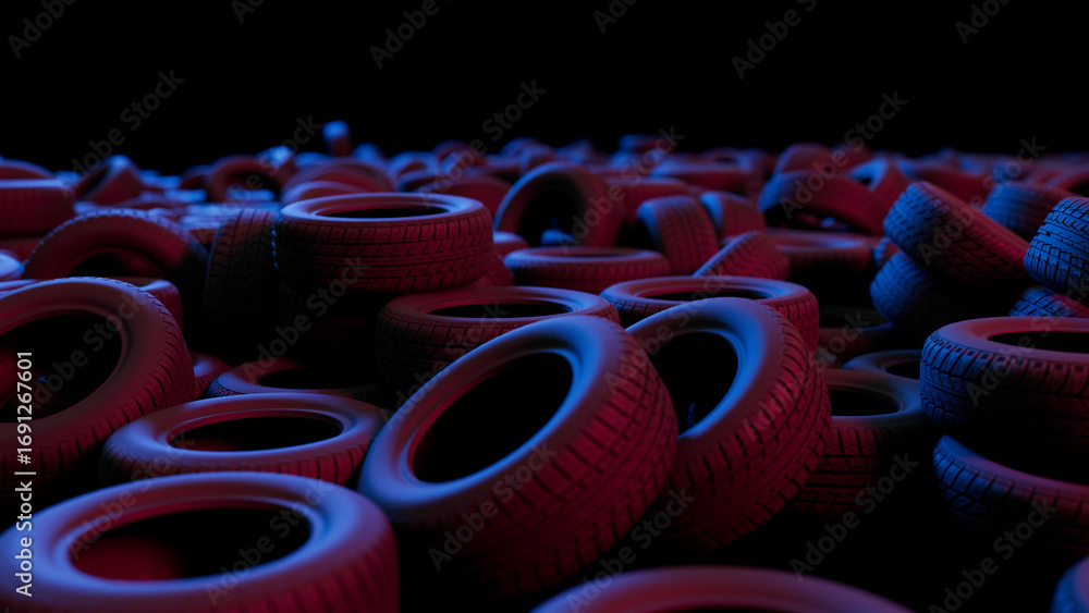 Fototapeta premium Numerous car tires are stacked and scattered, forming an abstract pattern under red and blue lighting, creating a visually striking scene with a focus on texture and repetition
