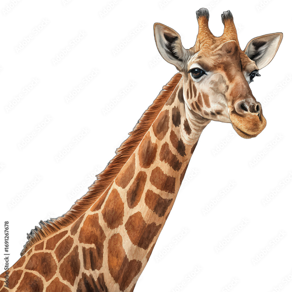 Naklejka premium Rothschild's giraffe Giraffa camelopardalis rothschildi isolated PNG giraffe species wildlife conservation Rothschild's giraffe profile image tall mammal transparent cutout nature