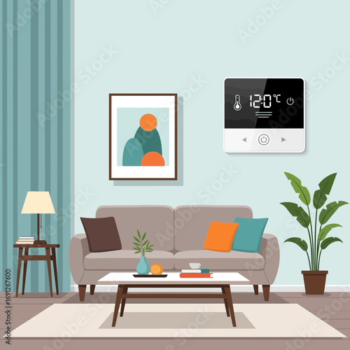 Modern living room with sofa artwork and digital thermostat.