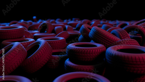 Canvas Print Numerous car tires are illuminated by red and blue neon lights, creating an abst