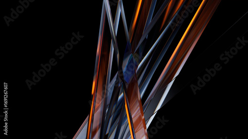 Intersecting and overlapping glass panels create a vibrant and abstract composition, featuring striking orange accents against a deep black background, evoking modernity and innovation