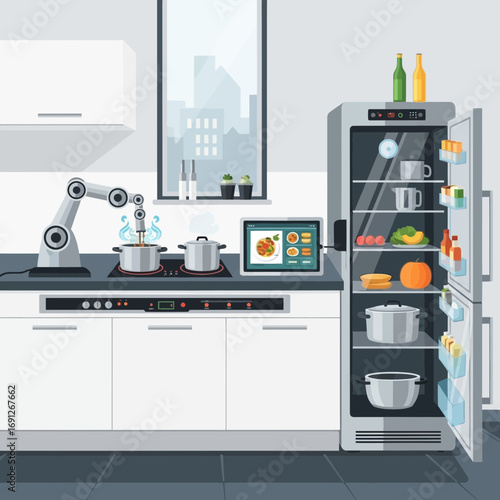 Robot arm prepares food in a modern kitchen with an open refrigerator.