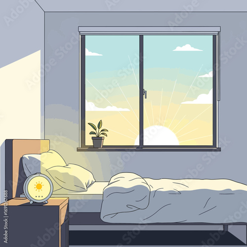 Bedroom with a bed and window showing a sunrise.