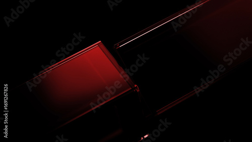 Bilde på lerret Two rectangular glass panels, one vibrant red and the other dark, intersect agai