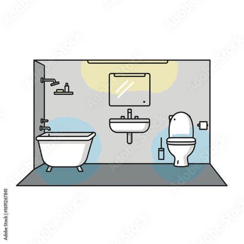 Modern bathroom interior with bathtub sink and toilet fixtures.