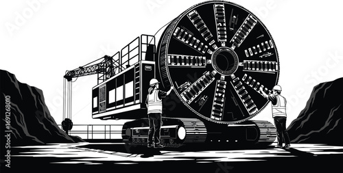 Tunnel boring machine with engineers, construction site scene, mountain excavation, large cutter head, industrial drilling equipment, vector illustration isolated.