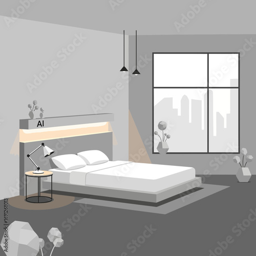 Modern bedroom with large window and city view.