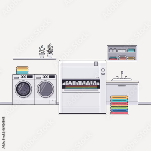 Laundry room with appliances and shelves.