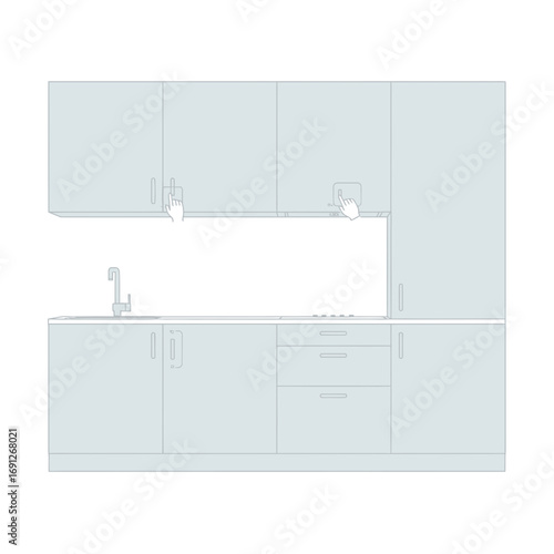 Modern kitchen cabinets with sink and countertop in light blue.