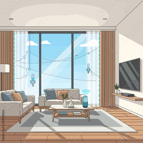Modern living room with large window and comfortable furniture.