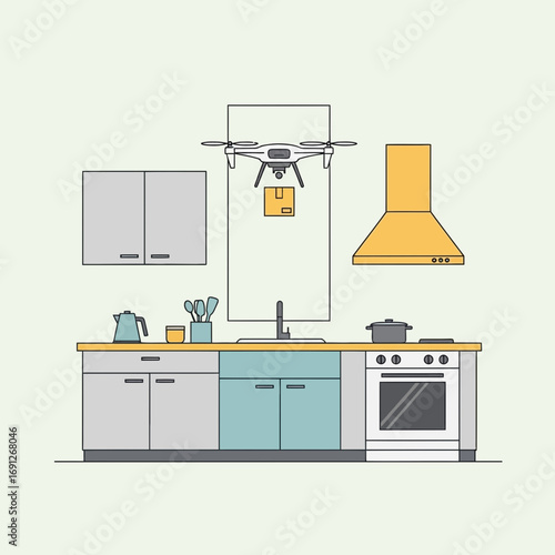Drone delivering package to a kitchen with appliances.