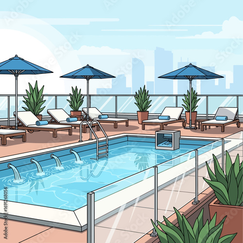 Rooftop swimming pool with lounge chairs and umbrellas overlooking city skyline.