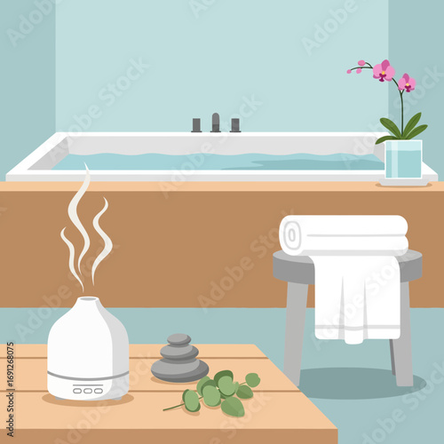 Relaxing spa scene with bathtub essential oil diffuser and stacked stones.