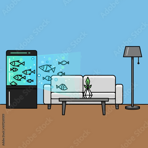 Living room with aquarium, sofa, coffee table, and floor lamp.