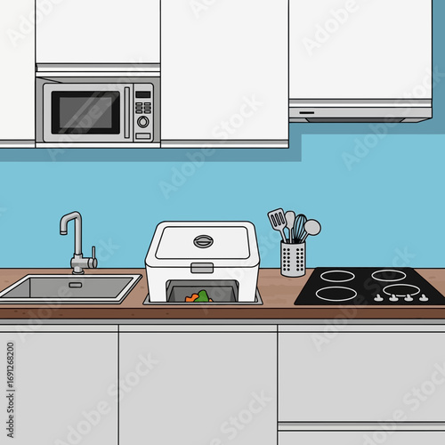 Modern kitchen counter with appliances and cabinets.