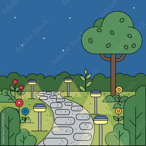 A stone path winds through a park with trees and flowers at night.