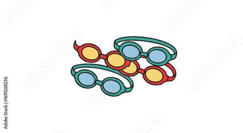 Colorful collection of swimming goggles in a messy pile, representing summer vacation and athletic water sports activities