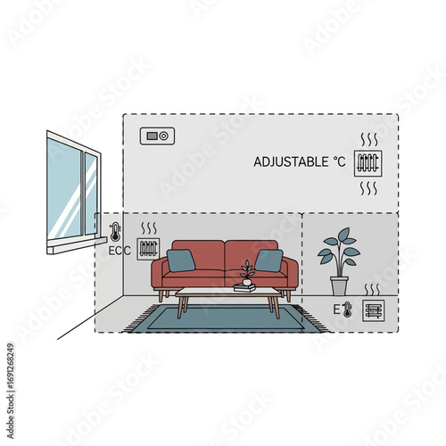 Interior design illustration showing furniture placement and room dimensions.