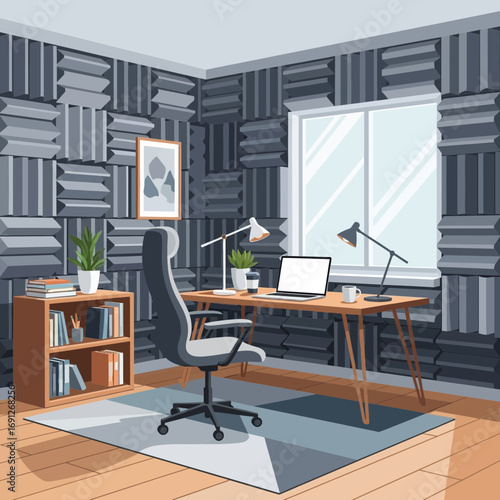 Modern home office with desk chair bookshelf and window.