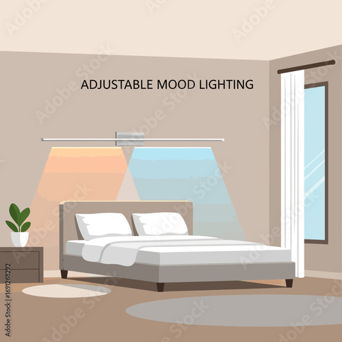 Bedroom with adjustable mood lighting and a bed.