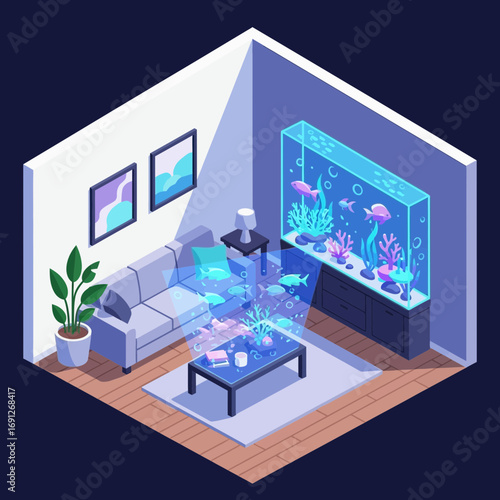 Modern living room with couch aquarium and holographic projections.