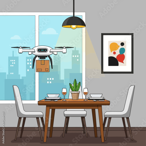 Drone delivers package to a dining room table.