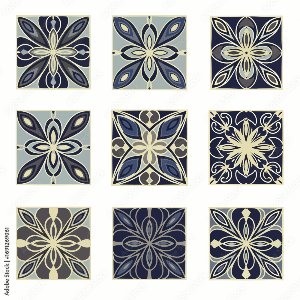 Nine ornamental square tiles display intricate symmetrical patterns, rendered in a harmonious palette of blues, greys, and creams, ideal for elegant design. Nine ornamental square tiles display intricate symmetrical patterns, rendered in a harmonious palette of blues, greys, and creams, ideal for elegant design.