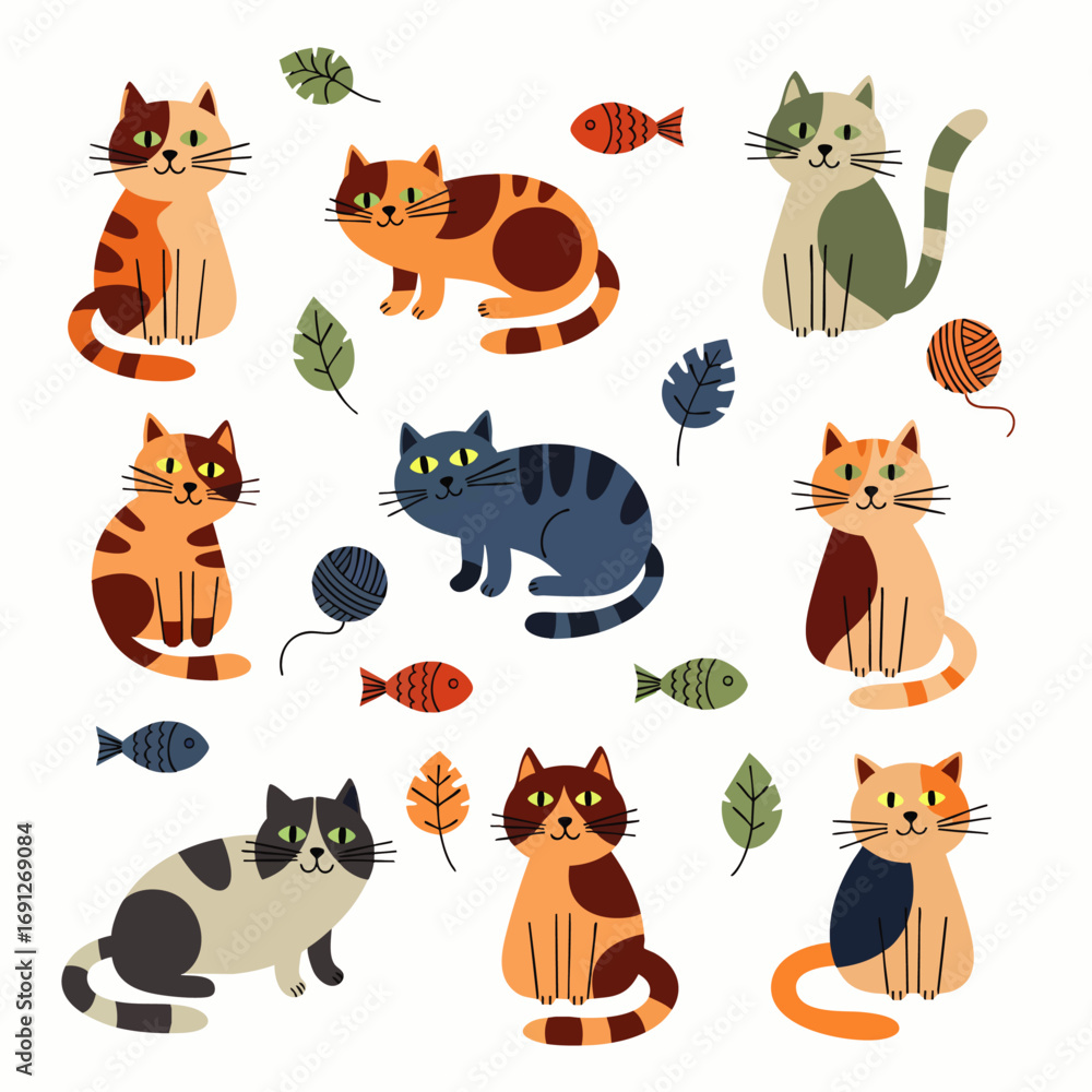 Obraz premium A charming collection of diverse, cute cartoon cats in various playful poses, surrounded by whimsical elements like fish, yarn, and leaves, perfect for cheerful designs.