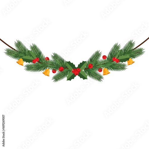 Festive Christmas Garland with Bells, Holly, and Pine Branches Decoration