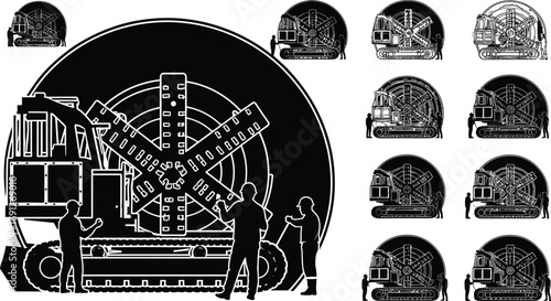 Tunnel boring machine with large cutter, construction workers silhouette, engineering drilling equipment, industrial excavation tool, underground machinery, vector illustration set.