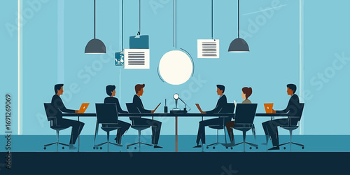 Business team meeting around conference table with laptops and documents in modern office interior flat vector illustration