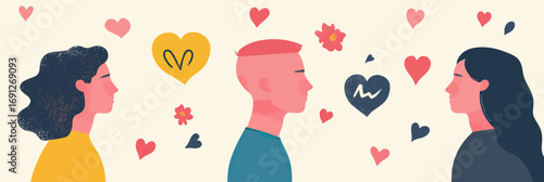 Three diverse people facing each other with floating hearts and flowers symbolizing mental health, self love, acceptance, and emotional connection illustration in minimalist flat style