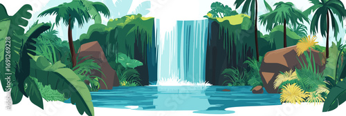 Tropical jungle waterfall flowing into calm pool surrounded by lush green foliage rocks and palm trees vector illustration in flat minimalist style