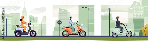 Three individuals riding electric motorcycle, electric scooter, and electric bike in modern eco city, sustainable urban transportation, flat vector illustration