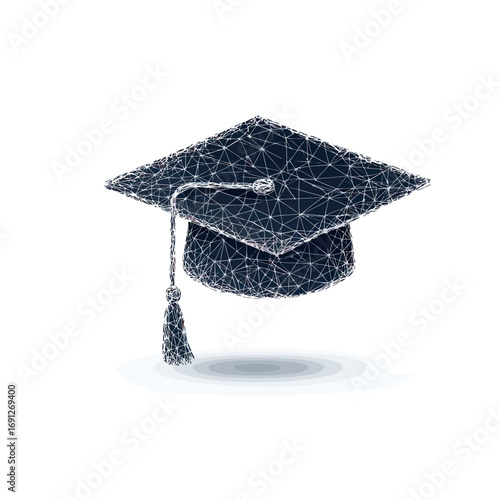 Low polygonal wireframe graduation cap with tassel floating on white background abstract education symbol minimalist vector illustration