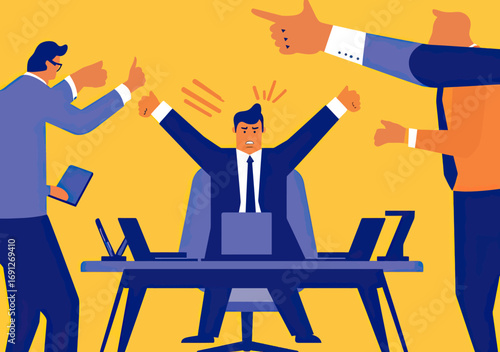 Frustrated businessman overwhelmed by giant pointing hands and colleagues showing thumbs down in toxic office environment flat vector illustration