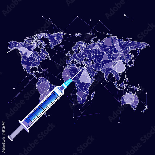 Digital world map with low poly wireframe connected dots and large syringe vaccine illustration symbolizing global vaccination and immunization concept