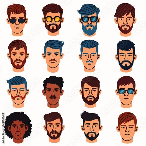 A vibrant collection of diverse illustrated male portraits showcasing various hairstyles, facial hair, and modern accessories for character design.