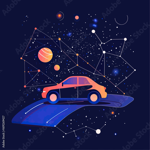 Abstract car driving on cosmic road with planets stars constellation in futuristic space night sky vector illustration for technology and travel concept
