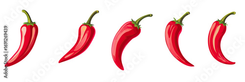 Red chili pepper set fresh ripe spicy vegetable collection isolated on white background with green stems for cooking and food design illustration