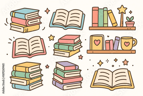 Cartoon books and reading set cute doodle pastel vector illustrations isolated on white background