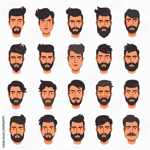An extensive set of unique cartoon male character portraits, each displaying fashionable haircuts and a diverse range of beard and mustache styles.