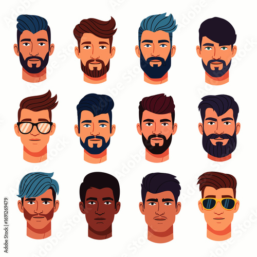 A diverse collection of illustrated male avatars showcasing various modern hairstyles, facial hair styles, and unique individual expressions.