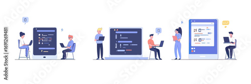 People collaborating on software development and coding with laptops and large mobile device screens in flat minimalist style vector illustration