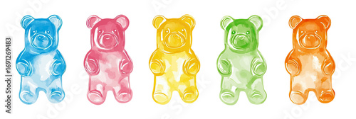 Colorful translucent gummy bear candies lined up in blue, pink, yellow, green, and orange colors with glossy texture on white background vector illustration digital painting