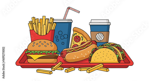 Flat style vector illustration of a fast food tray with burger, pizza, hot dog, tacos, fries, soda, and coffee, perfect for restaurant marketing, delivery service, and menu design