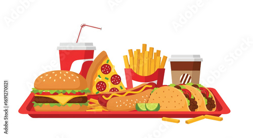 Flat style vector illustration of a fast food tray with burger, pizza, hot dog, tacos, fries, soda, and coffee, perfect for restaurant marketing, delivery service, and menu design