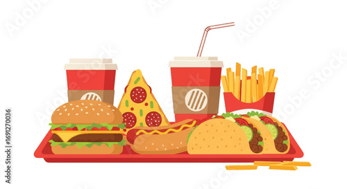 Flat style vector illustration of a fast food tray with burger, pizza, hot dog, tacos, fries, soda, and coffee, perfect for restaurant marketing, delivery service, and menu design