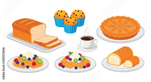 Set of flat style vector illustrations of desserts and baked goods including pie, waffles with cream and fruit, roll cake, bread, muffins, and coffee, perfect for bakery and café design