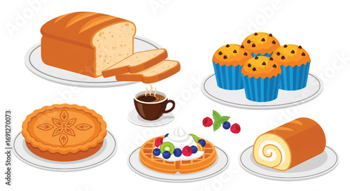 Set of flat style vector illustrations of desserts and baked goods including pie, waffles with cream and fruit, roll cake, bread, muffins, and coffee, perfect for bakery and café design
